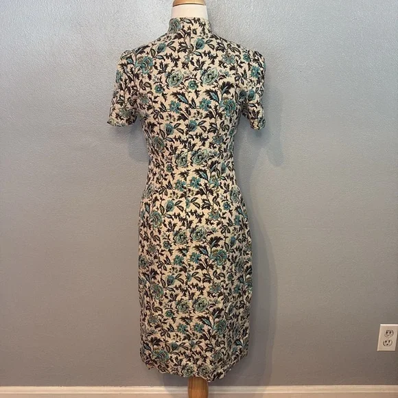 Helen Cherry Silk Dress Blue Brown Floral Side Slit Size 12 - Picture 6 of 13